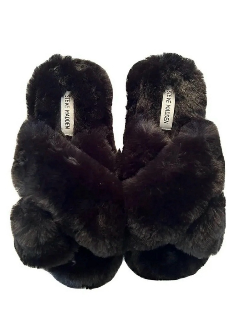 Steve Madden Plush Black Faux-Fur Crisscross Slides